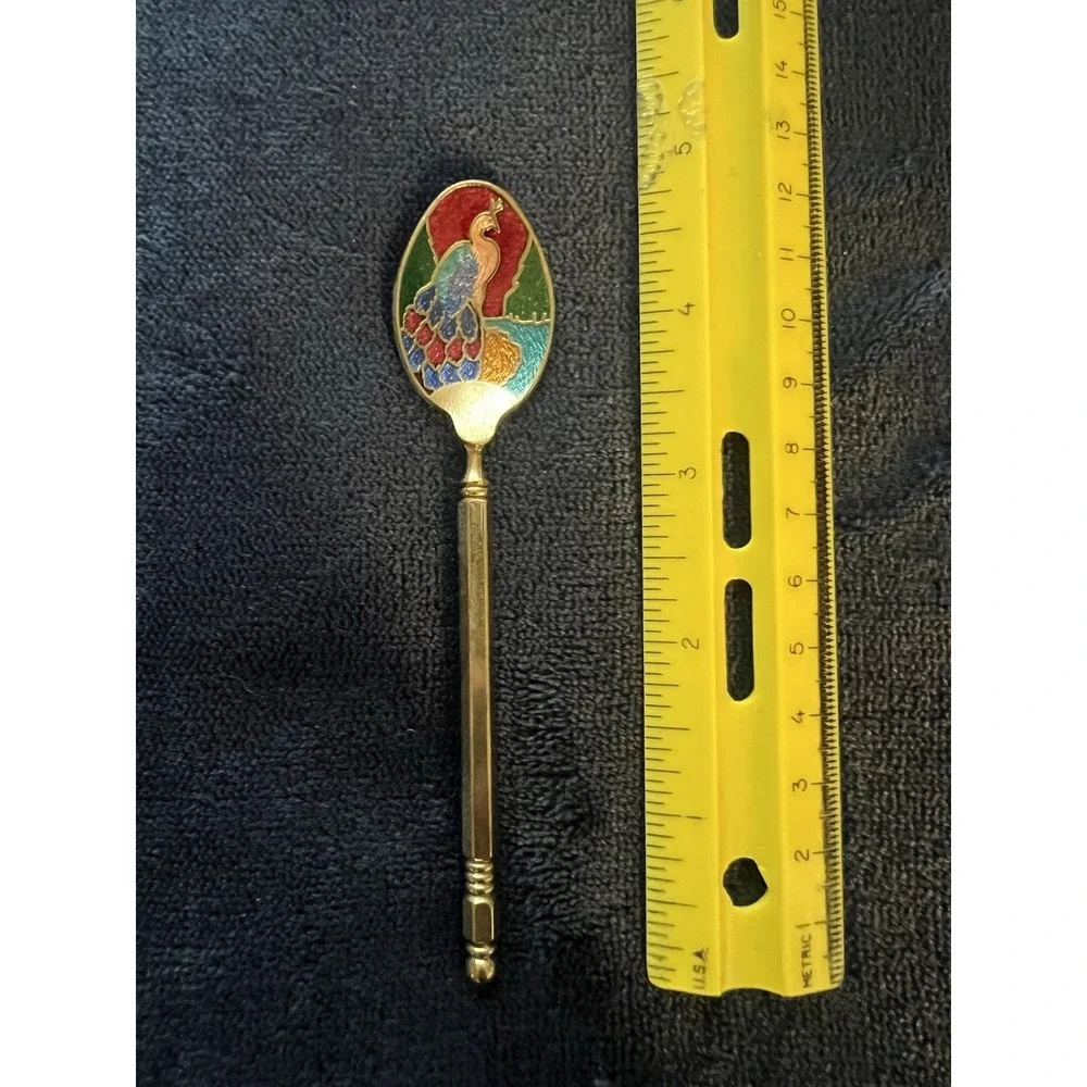 Vintage Demitasse Peacock Cloisonné Spoon Gold Tone Brass Enamel